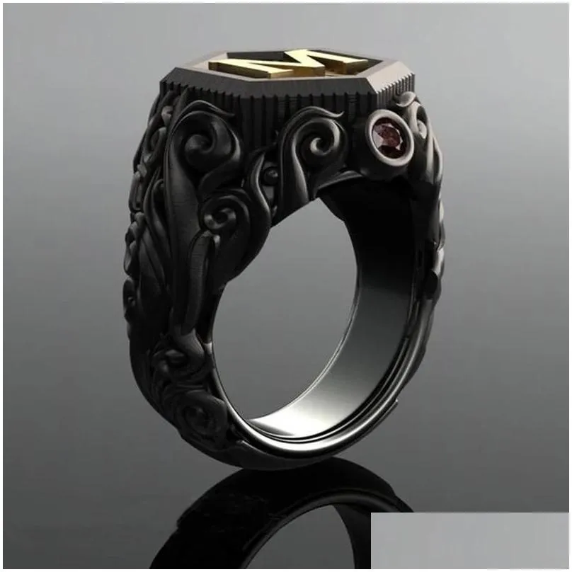 wedding rings classic retro black men gold filling carving m letter signet steampunk for birhday gift party gothic jewelry