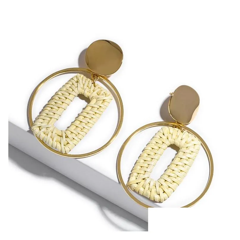 Women`s Dangle chandelier rattan Earrings girls` handmade bamboo woven pendant type lightweight geometric pattern