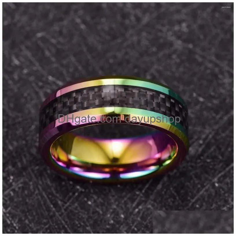 wedding rings 8mm colorful inlaid black carbon fiber tungsten ring high polish rainbow for men