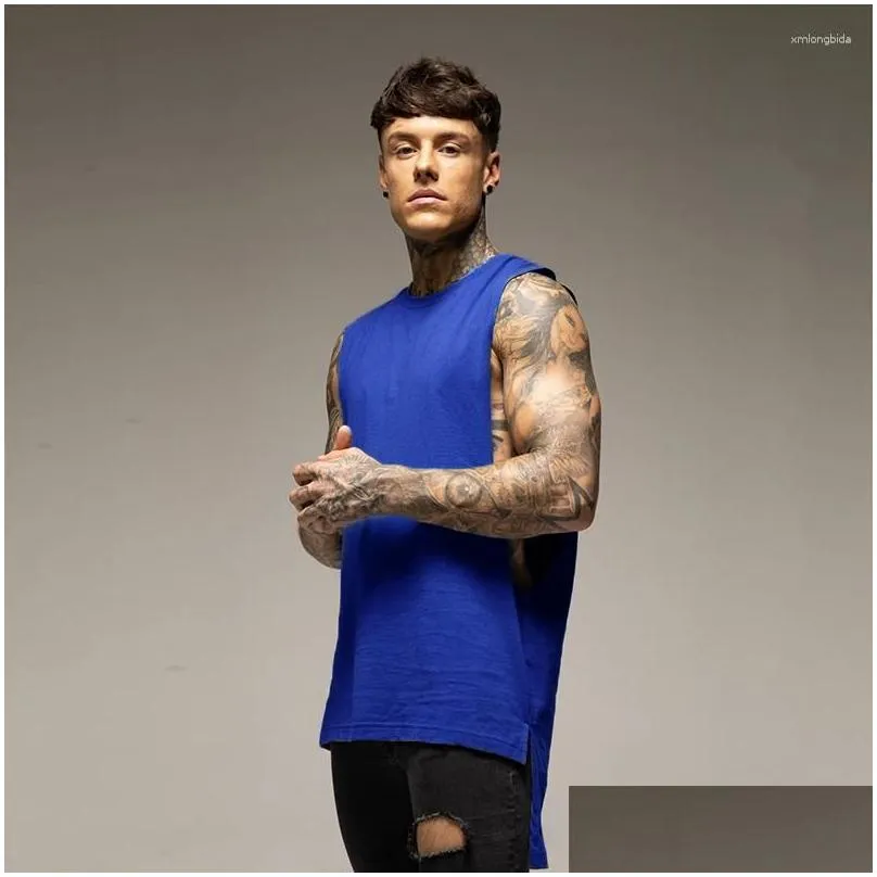 Men`s Tank Tops Extend Cut Off Sleeveless Shirt Gym Stringer Top Cotton Hip Hop Muscle Tees Bodybuilding Vest Fitness Clothing