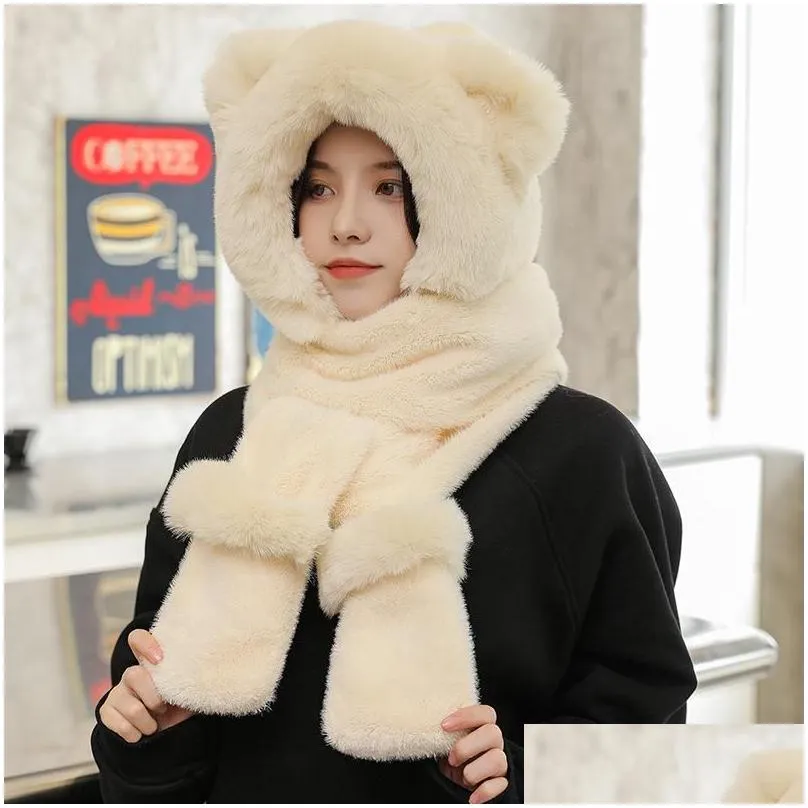 beanies beanie/skull caps lady cold-proof gloves scarf one-piece hat faux fur hooded winter cycling windproof bib cover ear protection