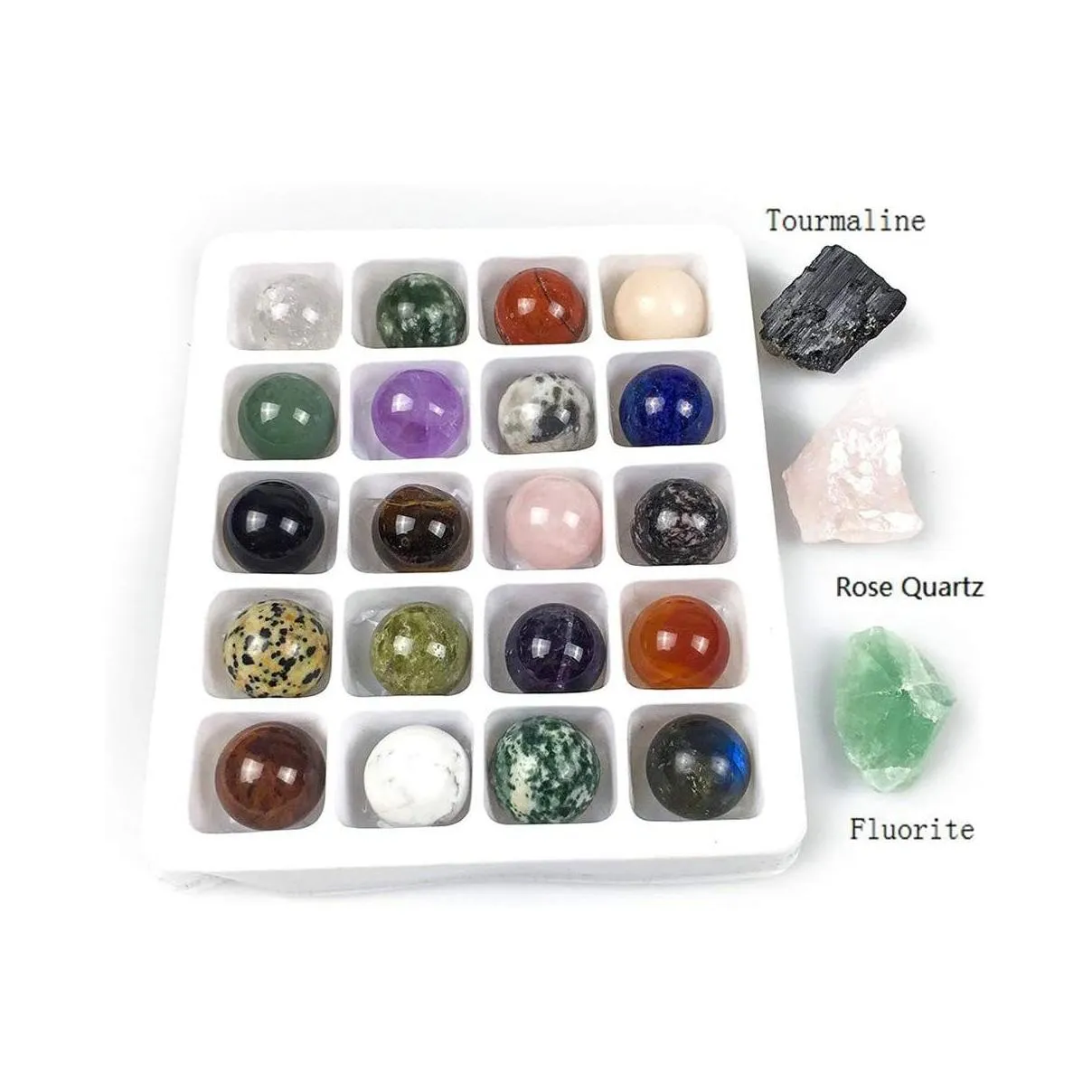 Natural Crystal Healing Stone Sphere Ball Set 20pcs/Box No Hole Loose Gemstone Round Bead Women Men Gift