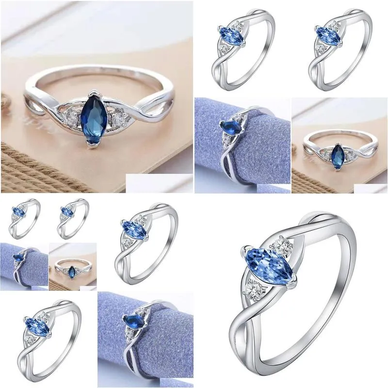 cluster rings accessories for women jewelry trendy sea blue horse eye zircon wedding engagement silver ring anillos mujer