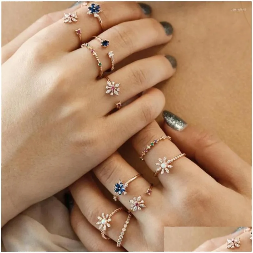 wedding rings bohemian flower ring sets for women modern minimal girl gift red blue cz adorable finger jewelry