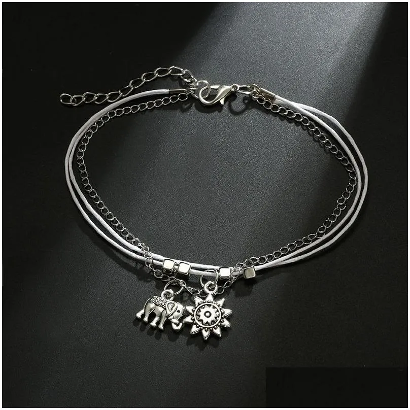 Bohemian alloy animal foot ornament elephant sun multi-layer leather rope square bead chain anklet