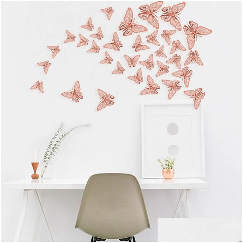 12pcs/lot 3d hollow butterfly wall sticker decoration butterflies decals diy home removable mural decoration party wedding kids room window decors