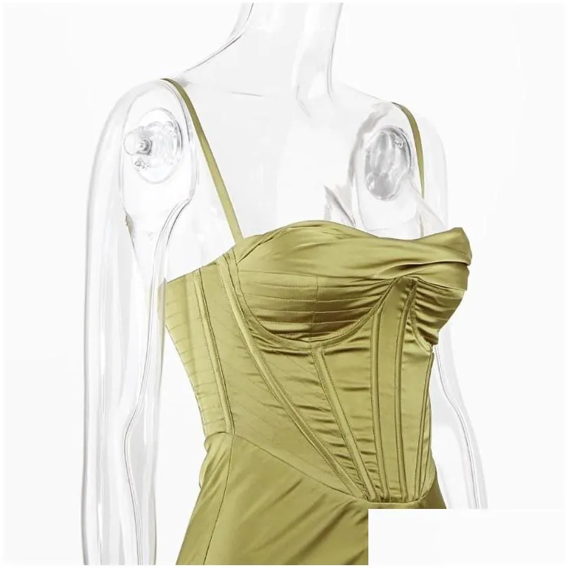 Spaghetti Strap Satin Corset Slip Dress Bodycon Ruched Elegant Midi Party Night Club Gown Fall 2022