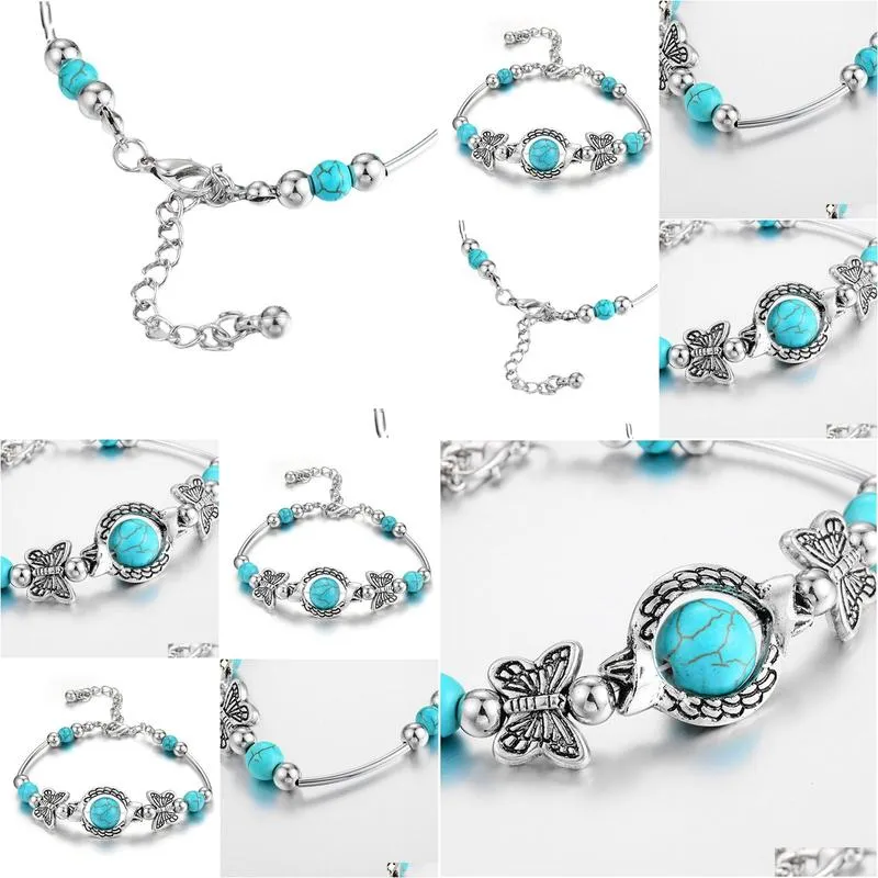 Fashionable Natural Turquoise Gemstone Pendant with Adjustable Alloy Chain Charm Bracelet for Women