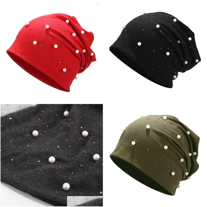 beanies beanie/skull caps women adults elegant free size warm casual beanie hat decoration autumn shine pearls rhinestones elastic