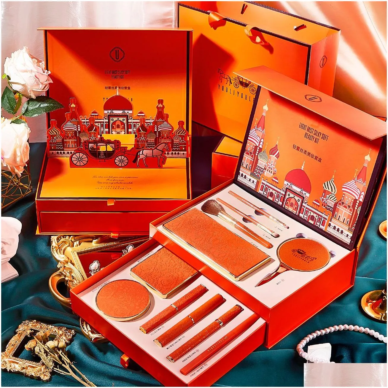 Makeup Cosmetics Set Chinese Gift Box Velvet Lipstick Liquid Eyeliner Air Cushion BB Cream Eye Shadow Set Valentine`s Day Gift