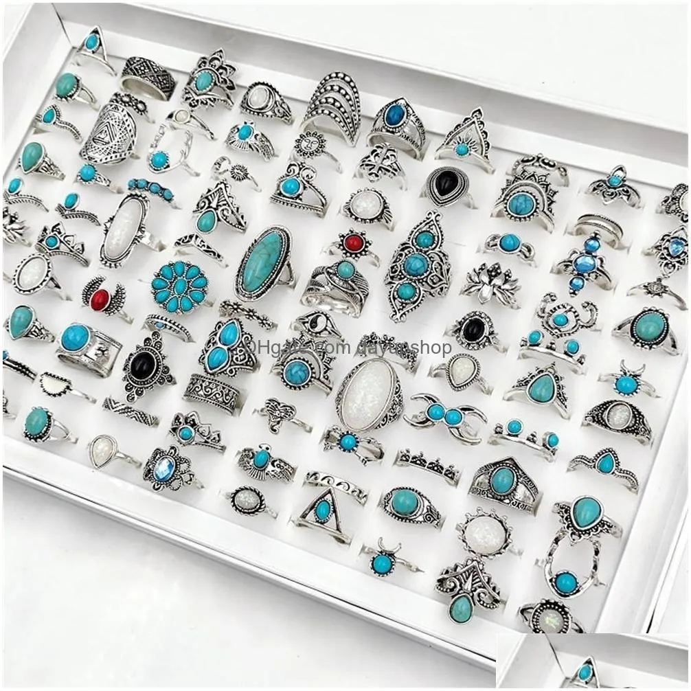 band rings 50 100pcss lot vintage boho blue stone turquoise for women whole mix styles ethnic finger ring set jewelry party gifts