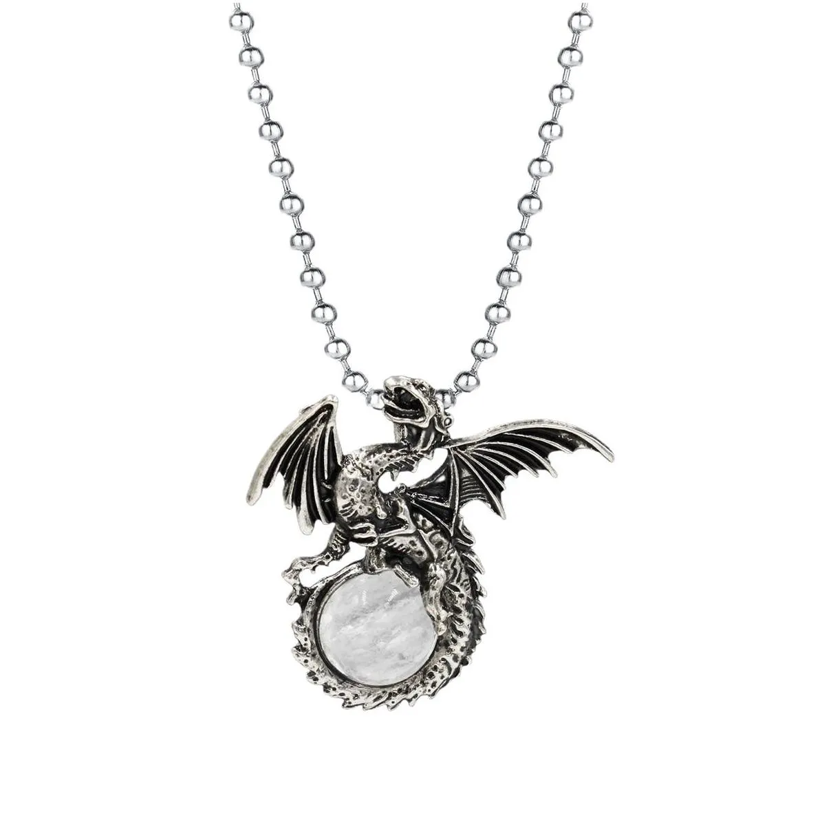 Vintage Fly Dragon Necklaces Stainless Steel Beaded Chain Natural Stone Crystal Pendant Necklace For Men Punk Jewelry