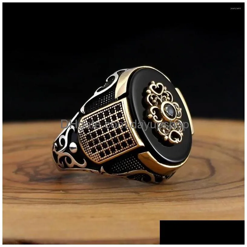 wedding rings vintage classic men`s ring fashion metal gold color inlaid black stone zircon punk men engagement luxury jewelry