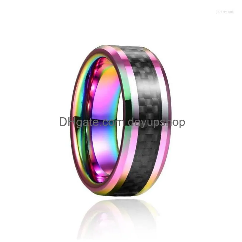 wedding rings 8mm colorful inlaid black carbon fiber tungsten ring high polish rainbow for men