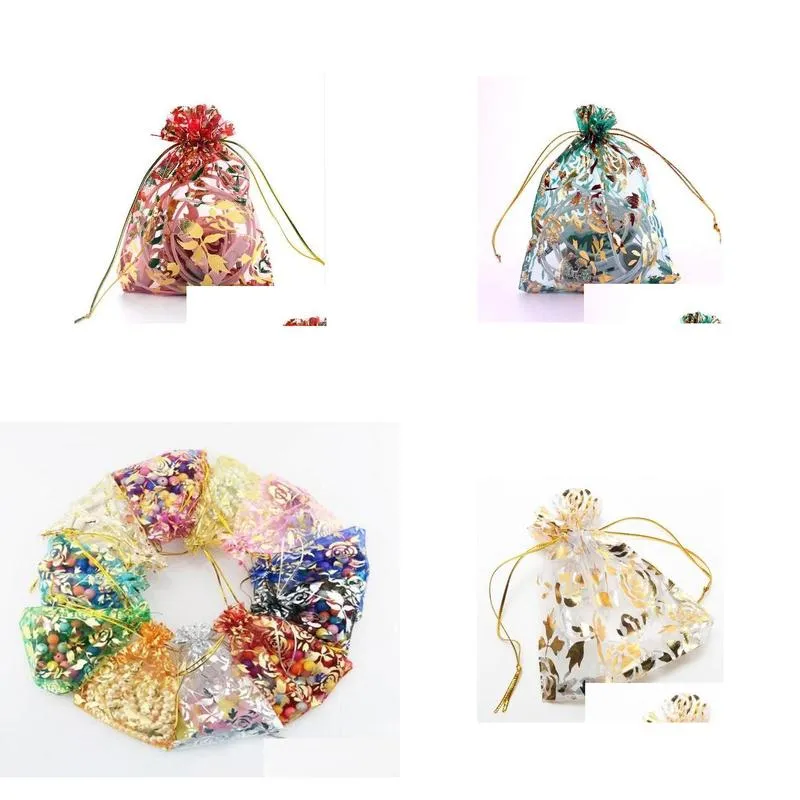 colorful gold rose transparent packs drawstring pouch sachet organza gift bag for jewelry wedding party beads packing gb3975915423
