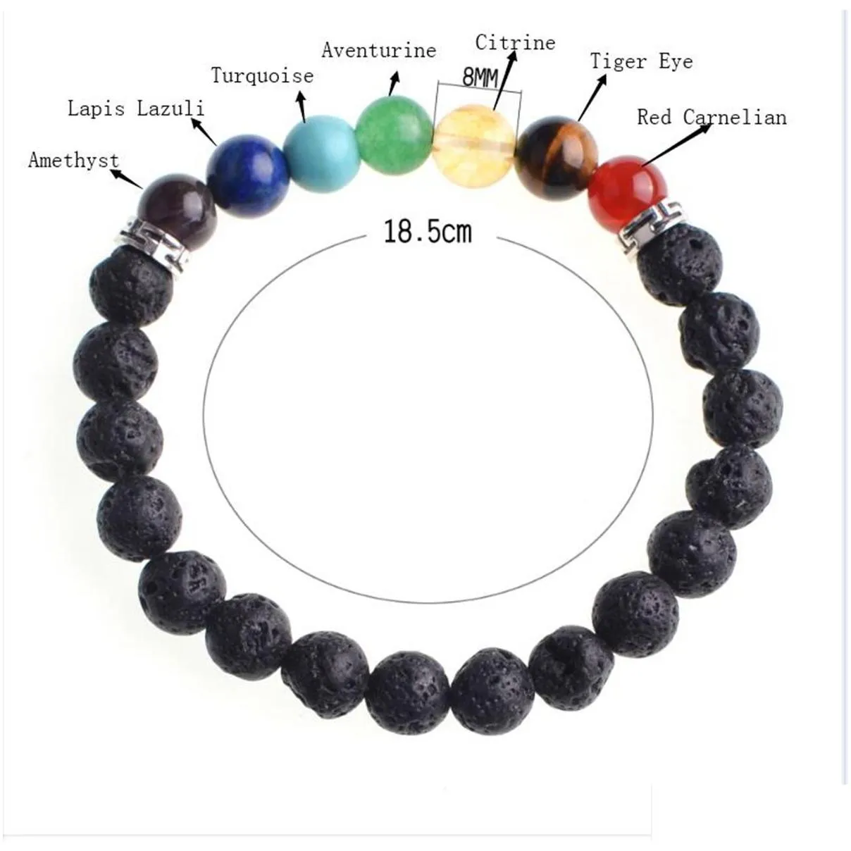 7 chakra gems crystal black lava energy volcanic stone aura healing balance harmonious Feng Shui bracelet unisex