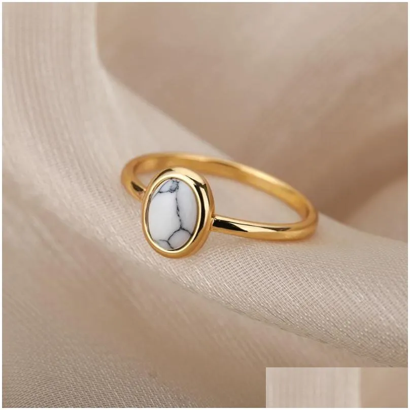 cluster rings vintage oval opal for women stainless steel gold stripe retro green moonstone accessories jewelry gift bohemian mujer