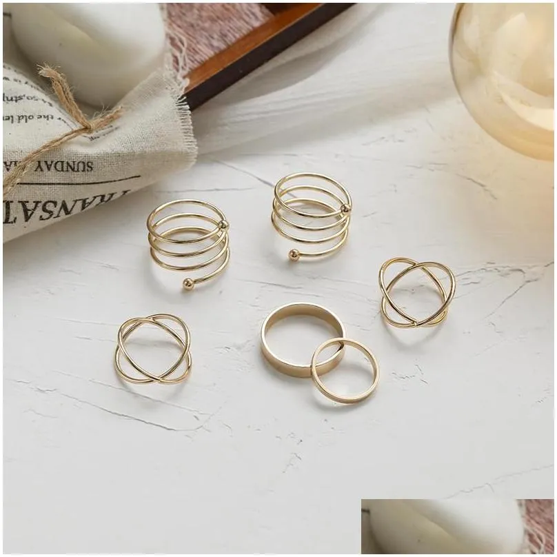 cluster rings 6pcs gold color round hollow geometric set for women fashion finger cross twist open ring joint female jewelry