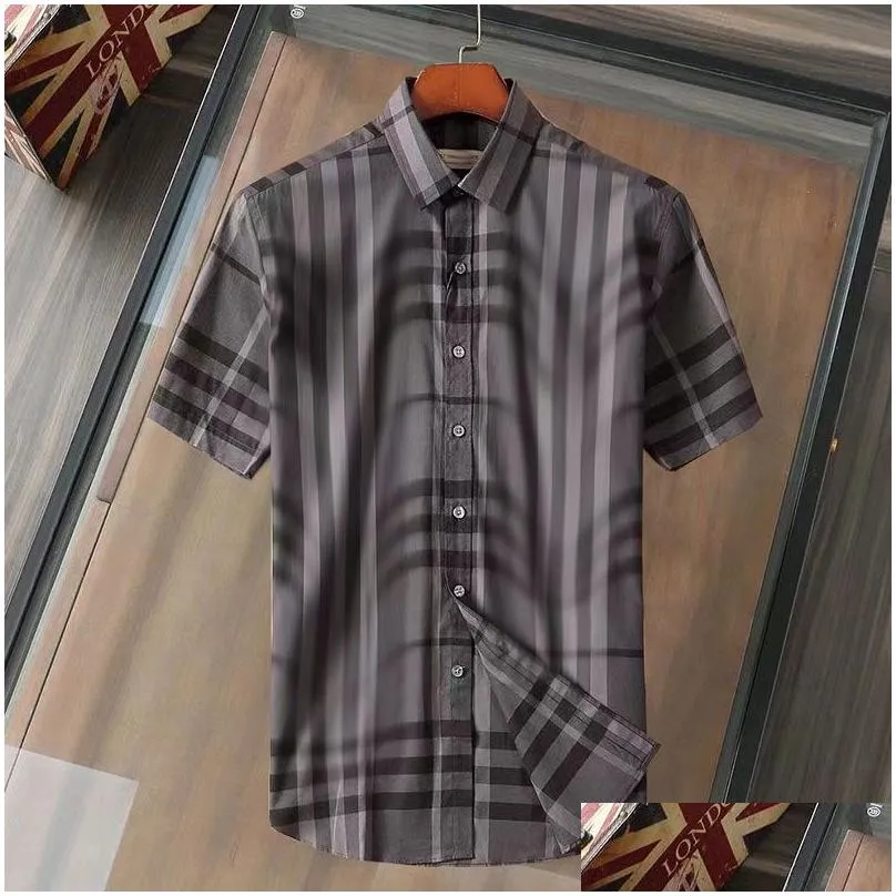 high quality designer mens casual shirt burbereys mens camisas de hombre fashion geometric check print short sleeved lapel business versatile