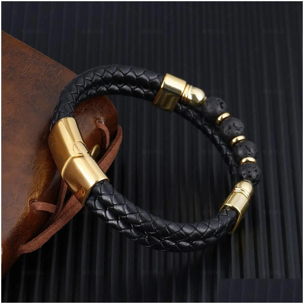 Handmade Gemstone Layered Braided Leather Bracelets for Men Link Chain Strand Fashion Magnetic Clasp Black Cord Vintage Wrist Band Rope Cuff Bangle