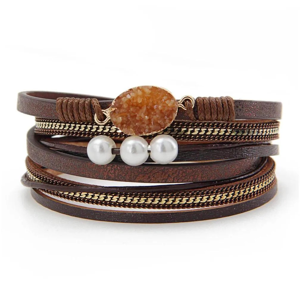 Leather Wrap Tennis Bracelet Boho Cuff Crystal and Pearl Bead Bangle with Magnetic Clasp Jewelry Gifts for Women Teen Girls
