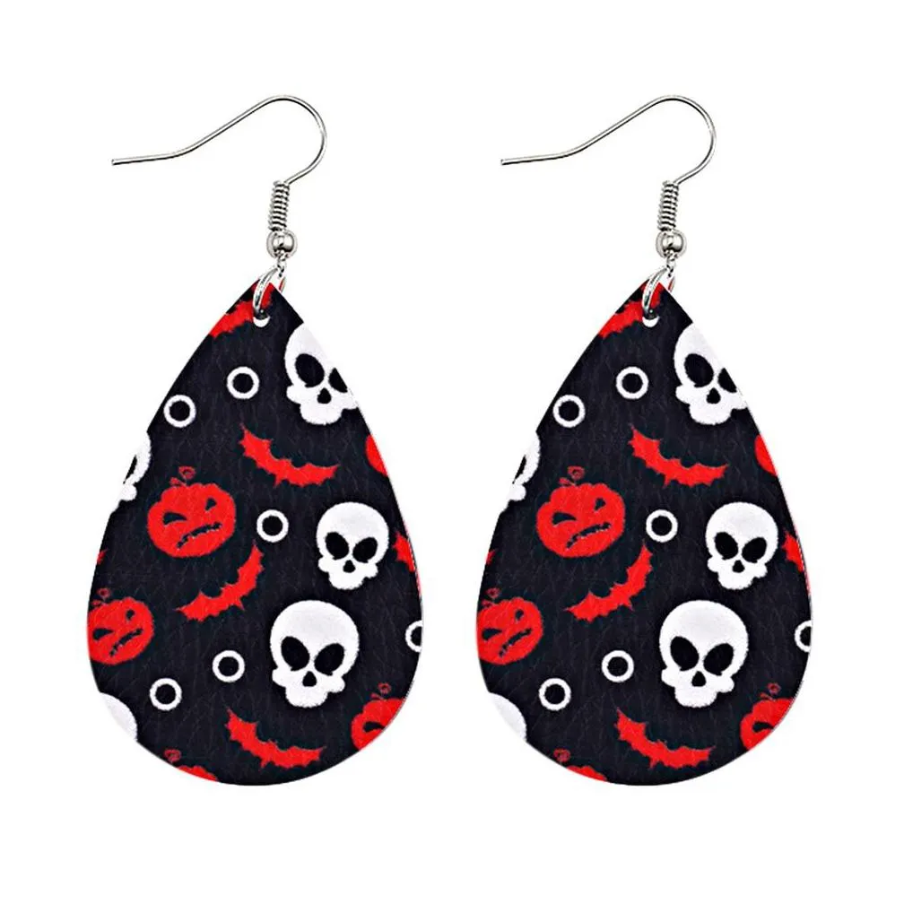 new arrival halloween pattern teardrop faux leather earrings for women skull punk long lightweight drop dangle earrings wholesale