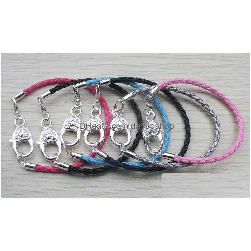 12pcslot silver plated heart clasp 1620cm fashion pu leather jewelry chains european diy bracelet mix color3051992