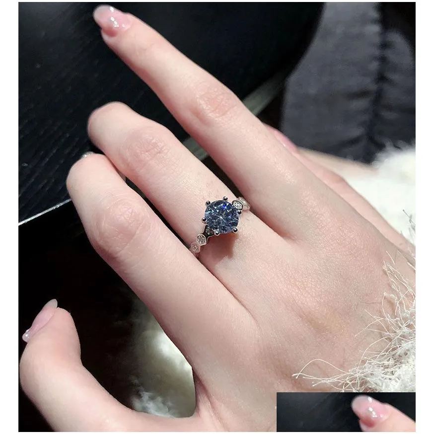 new silver inlaid blue crystal honeycomb diamond ring luxury sparkle ladies engagement wedding accessories