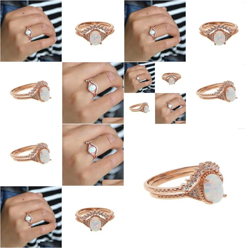 wedding rings rose gold color opal cubic zirconia for women shining big jewelry two-layer engagement set