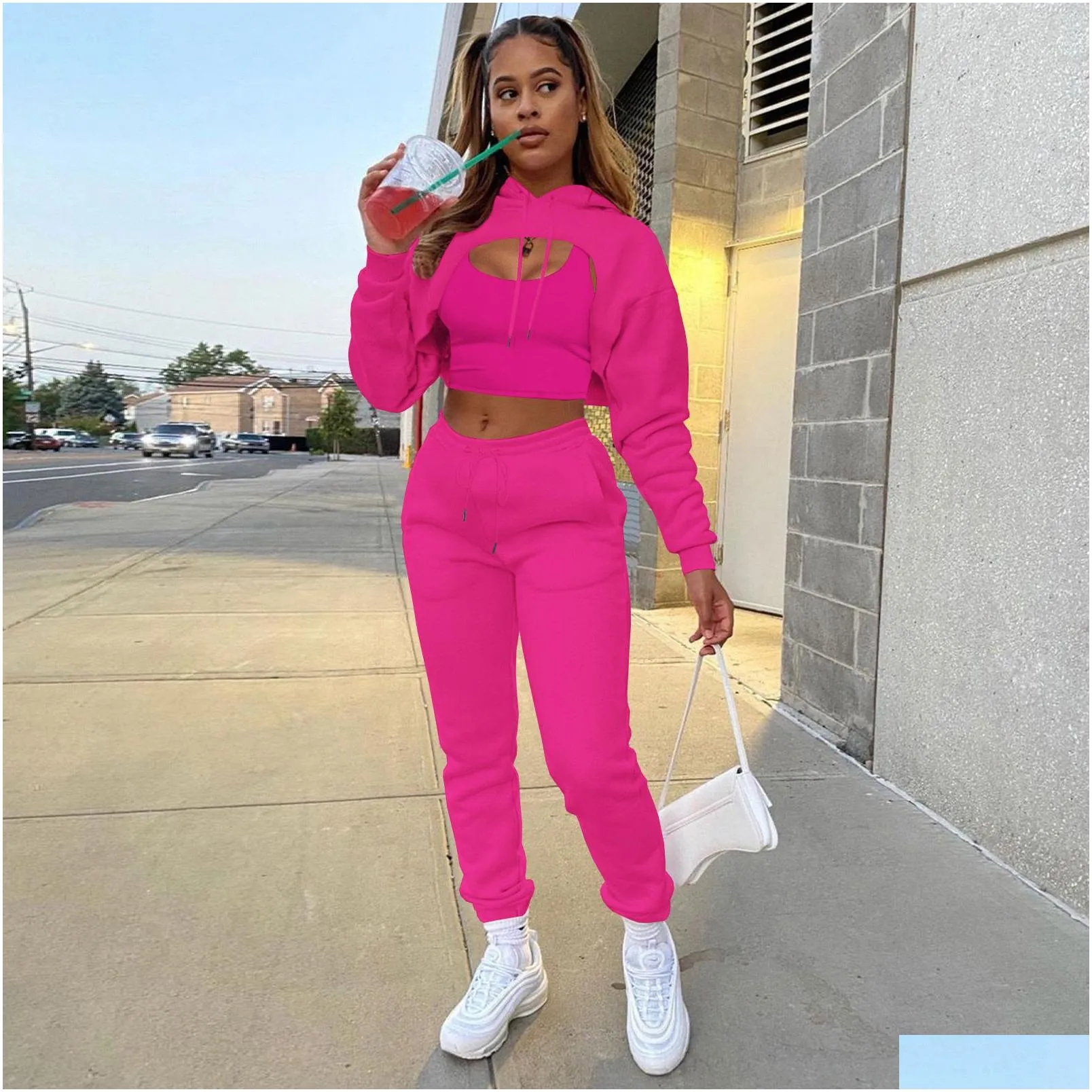 Women`s Two Piece Pants 3 Set Women Tracksuit Winter Fleece Hollow Out Hoodies Sweatshirt Cotton Vest Jogging Suit Classy Outfits