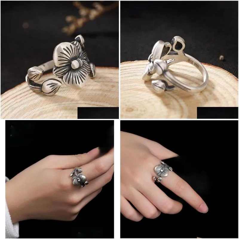 cluster rings lotus925 sterling silver for women retro female 925 ring finger opening adjustable