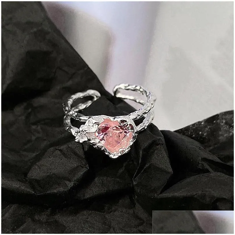 cluster rings korean vintage pink crystal love ring for women punk metal hollow silver color irregular heart fashion jewelry party