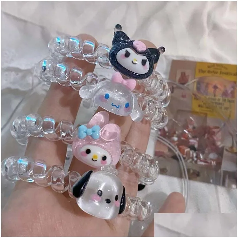 Kuromi Style Telephone Wire Cord Gum Hair Tie Girls Transparent Elastic Hair Band Ring Rope Bracelet Stretchy Scrunchy