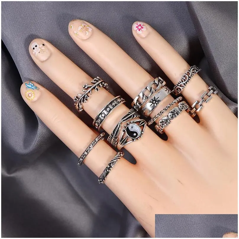 cluster rings 14pcs/set neo-gothic mixed yin yang figure feather elephant star moon sun ring women personality vintage jewelry female