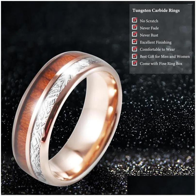 cluster rings meteorite and koa wood double inlay rose gold tungsten ring 8mm comfort fit wedding band men women`s anniversary