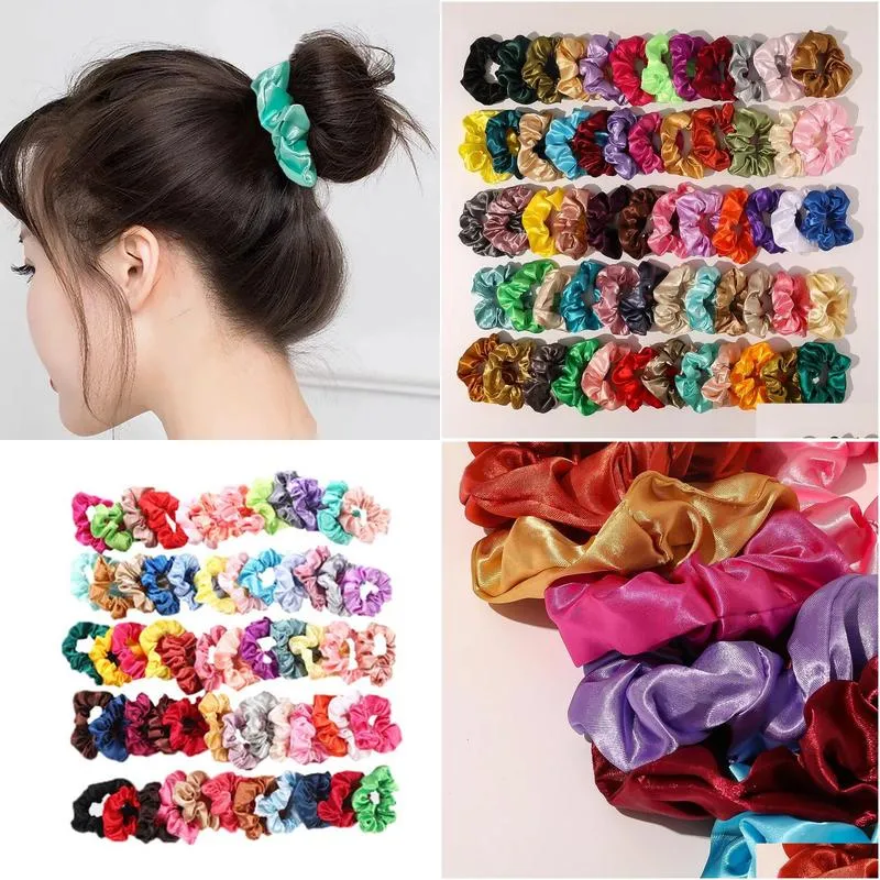 60 color Vintage Hair Scrunchies Stretchy Satin Scrunchie Pack Women Elastic Hair Bands Girls Headwear Plain Rubber Hair Ties M69