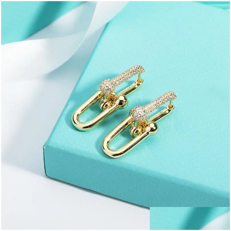 18k gold double u shape stud earrings for women fashion luxury brand designer ol style shining diamond earing ear rings earring party wedding