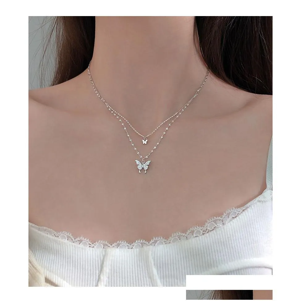 silver shiny butterfly tassel necklace female exquisite double layer pendant clavicle chain wedding party jewelry gifts