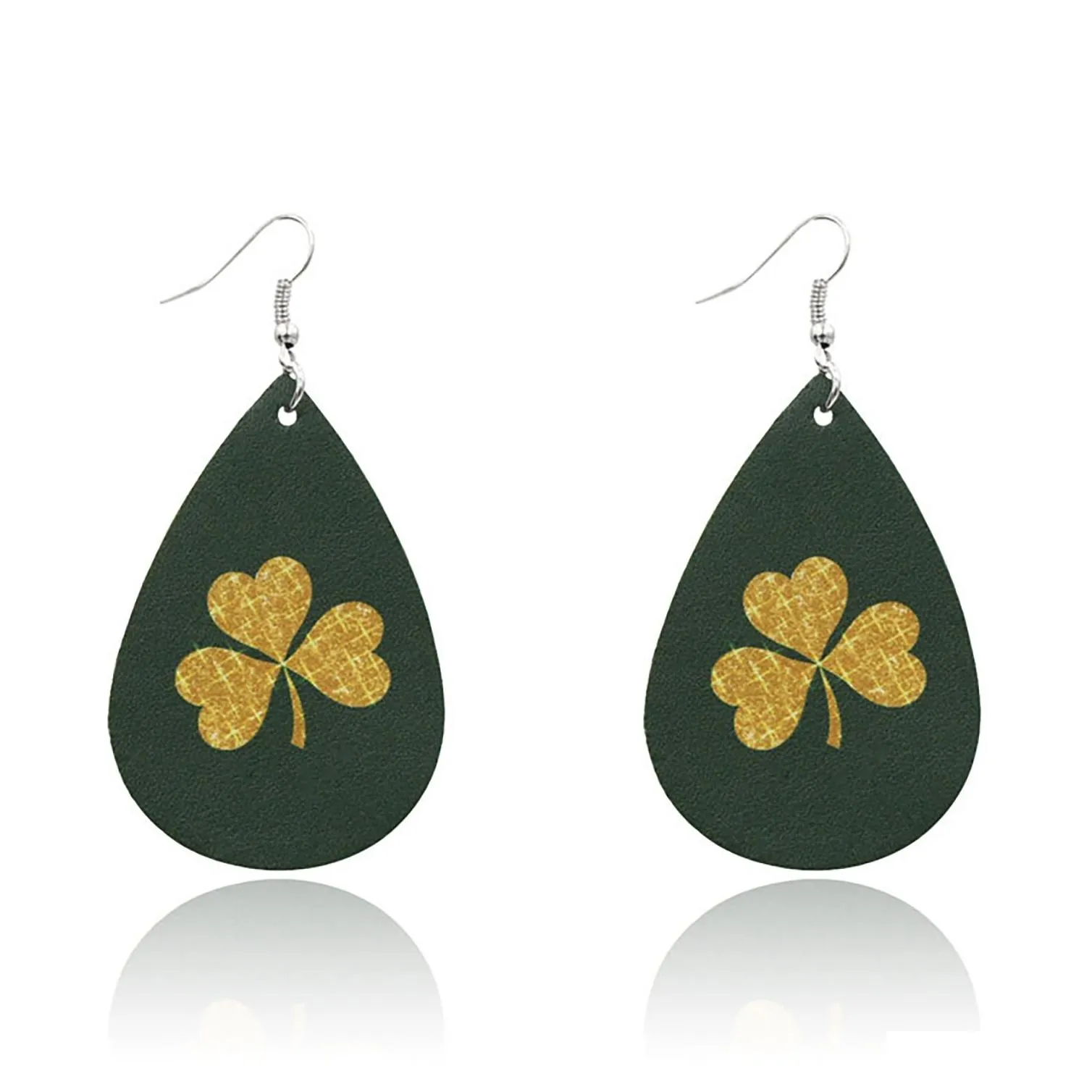 Dangle chandelier St. Patrick`s Day Faux Leather Earrings Irish Shamrock stud Clover Teardrop Set for Women