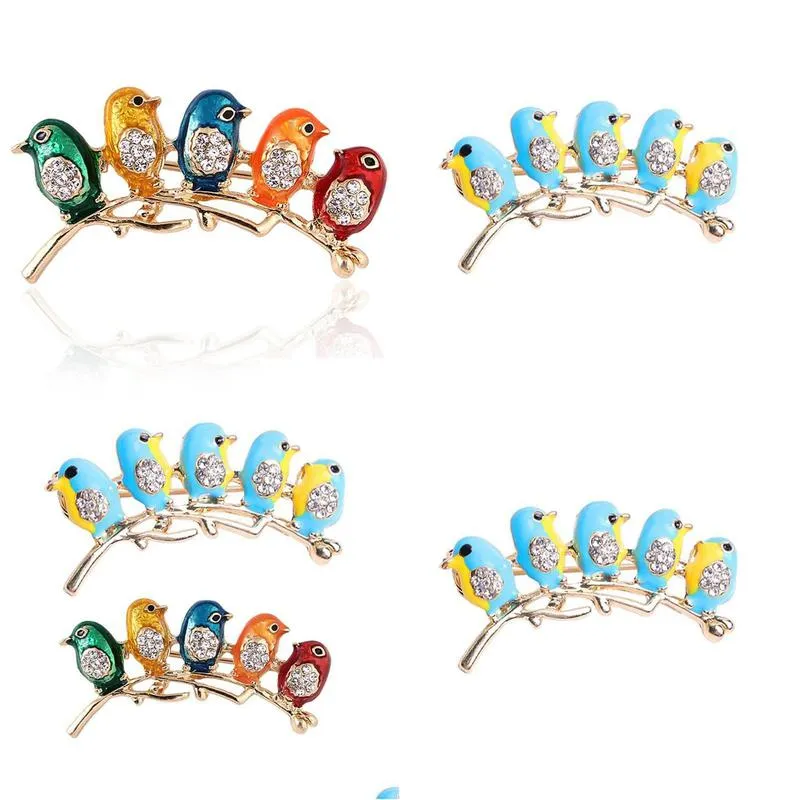 pins, brooches colorful enamel five cute birds crystals jewelry for girls kids gifts scarf shoulder suit collar corsages