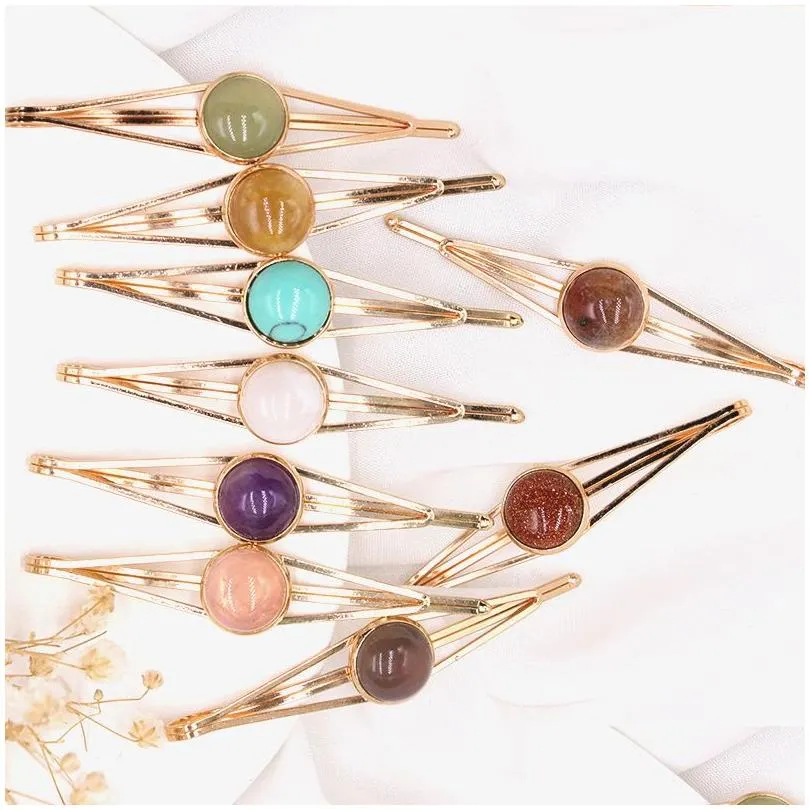 Fashionable Gold Alloy Hair Slide Clips With Colorful Natural Gemstone Beads For Womens