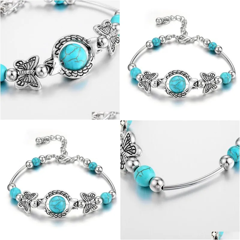 Fashionable Natural Turquoise Gemstone Pendant with Adjustable Alloy Chain Charm Bracelet for Women