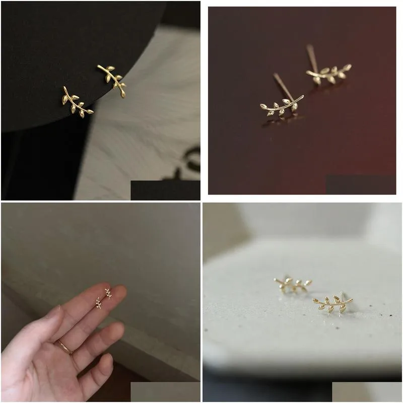 silver european style gold stud earrings for women simple olive branch leaf earring sweet cute student jewelry