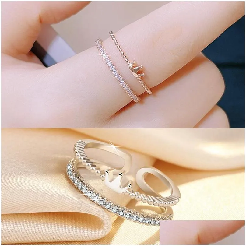 wedding rings simple female white zircon stone ring rose gold silver color engagement trendy crystal crown open for women