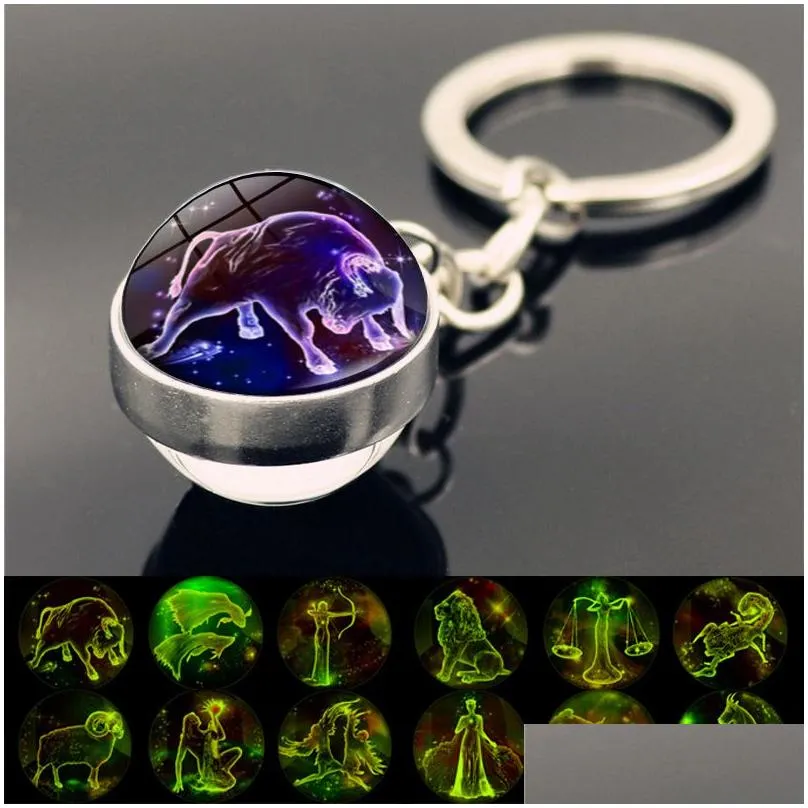 12 constellation luminous keychain glow in the dark glass ball pendant zodiac key chain holder gifts for men women lovers friend