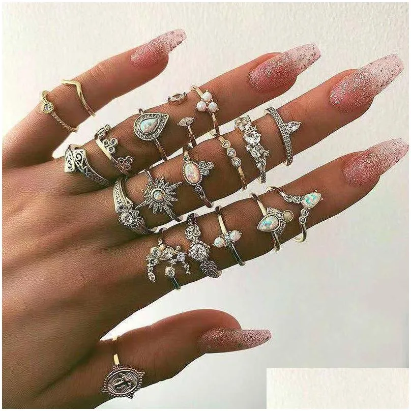 cluster rings bohemian hollow water drop pattern vintage ring set crystal flower leaf hand for women gift