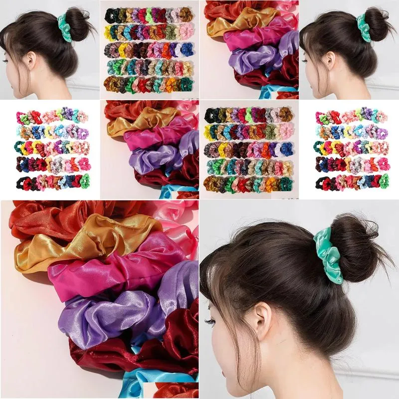 60 color Vintage Hair Scrunchies Stretchy Satin Scrunchie Pack Women Elastic Hair Bands Girls Headwear Plain Rubber Hair Ties M69