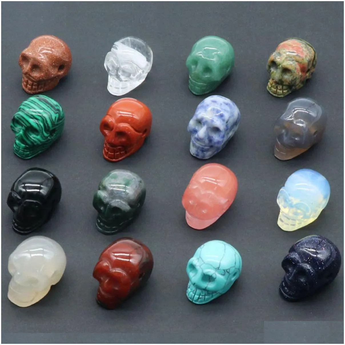 23mm Natural Fancy Jasper Skull Head Statue Hand Carved Gemstone Human Skeleton Head Figurines Reiki Healing Stone for Home Office