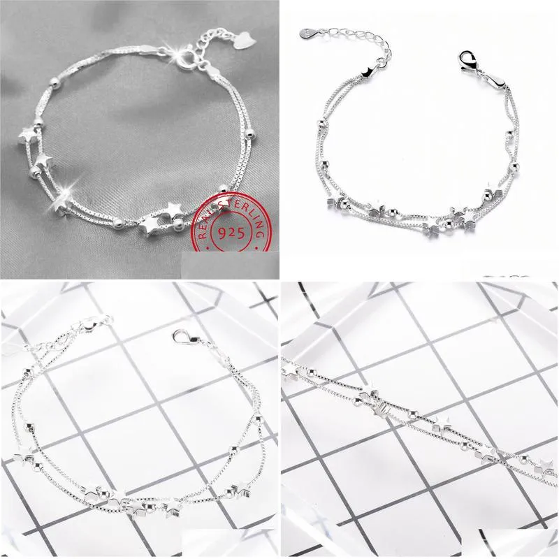 other bracelets 100% 925 solid real sterling silver fashion double layer star beads bracelet 17cm for women girl jewelry ds1211other
