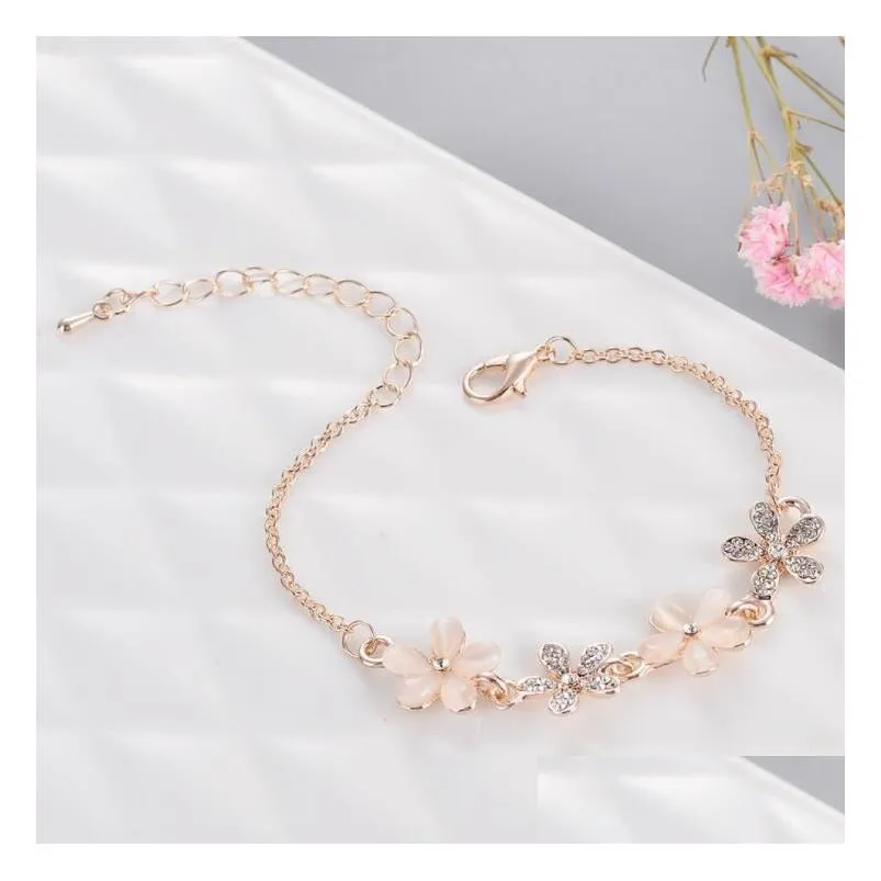 Women Flower Link Bracelet Adjustable Alloy Metal Chain Anklet Jewelry Infinity CZ Rhinestone Bangle for her Valentines Mother Day
